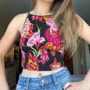 SOLD black and pink floral high neck crop tank top